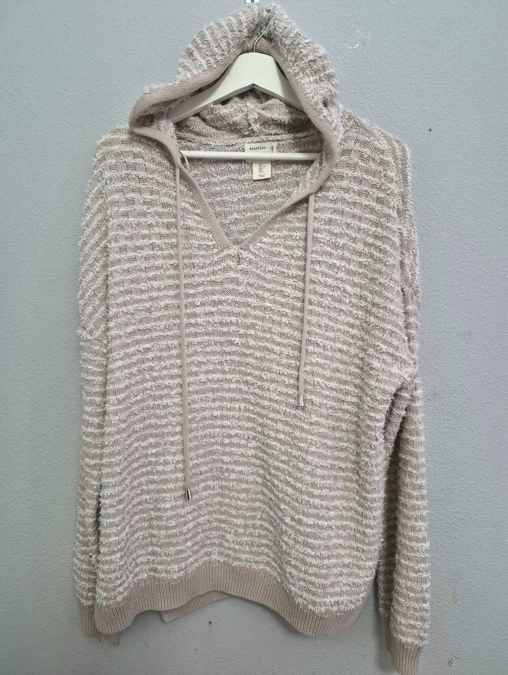 Aetelier Nicole Miller Textured Beige White Stripe Hoodie Pullover Sweater Large